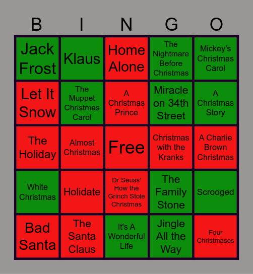 Holiday Movie Bingo Card