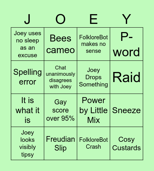 JoeyAwards2023 Bingo Card