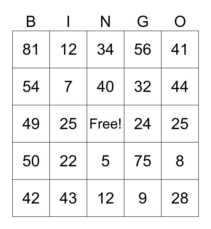 Lewis Elementary Math Masters Bingo Card