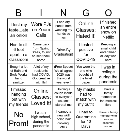 Pandemic Bingo Card
