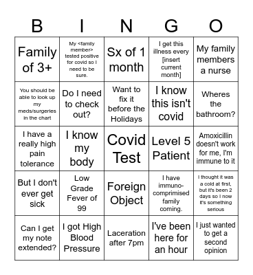 Urgent Care Bingo Card