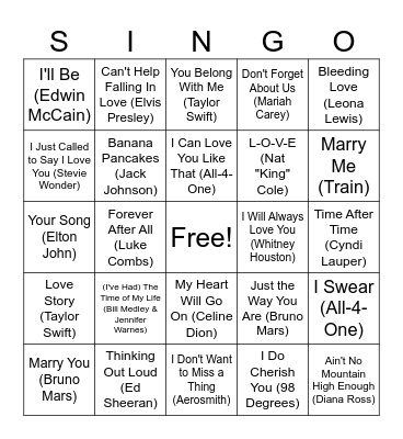 Love Song Singo Bingo Card