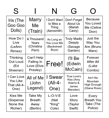 Valentine's Day SINGO 1 Bingo Card