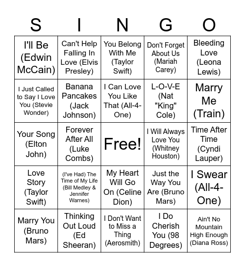 Love Song Singo Bingo Card