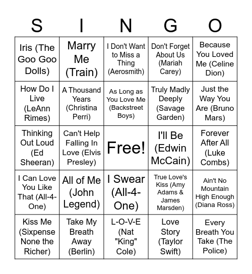 Valentine's Day SINGO 1 Bingo Card