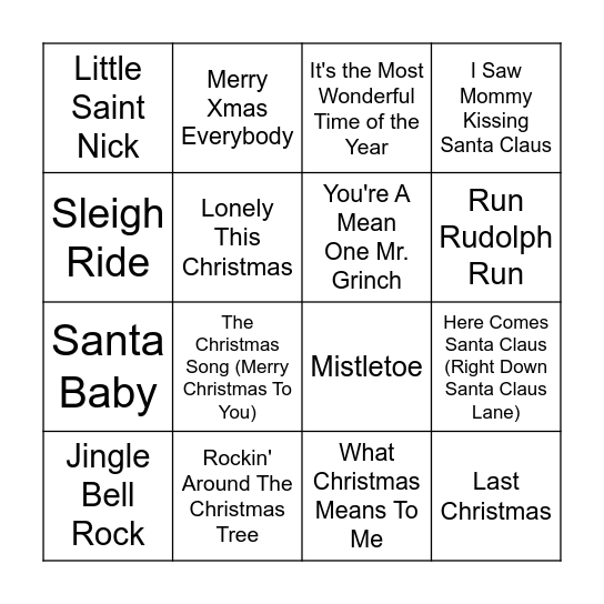 Christmas Music Bingo Round 1 Bingo Card