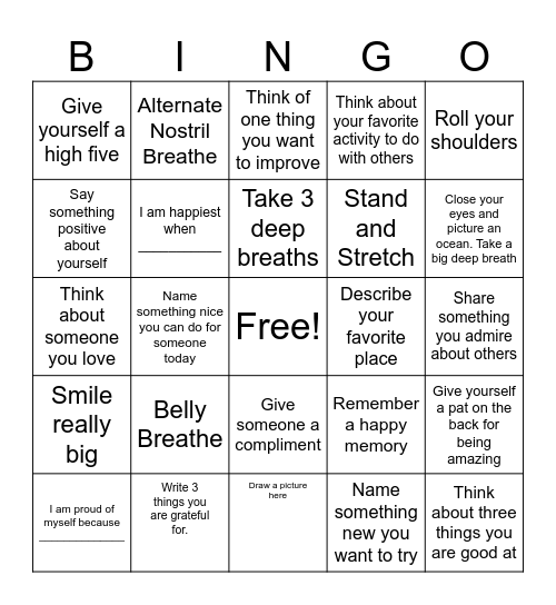 Mindfullness Bingo Card