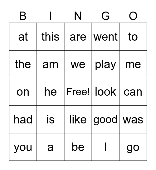 Sight Word Set 1-6 Bingo Card