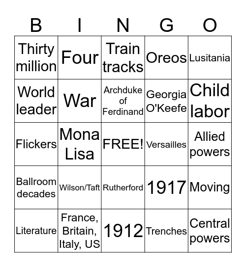 1910-1919 BINGO Card