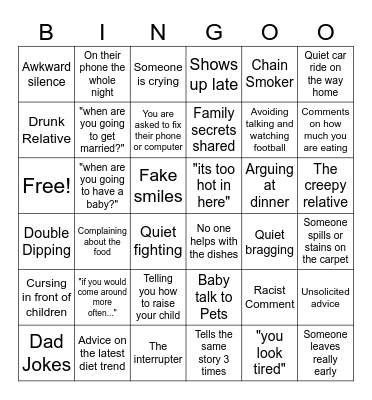 Dysfunctional Family Bingo Card