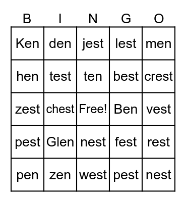 Word families -en, -est Bingo Card