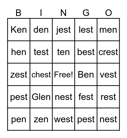 Word families -en, -est Bingo Card