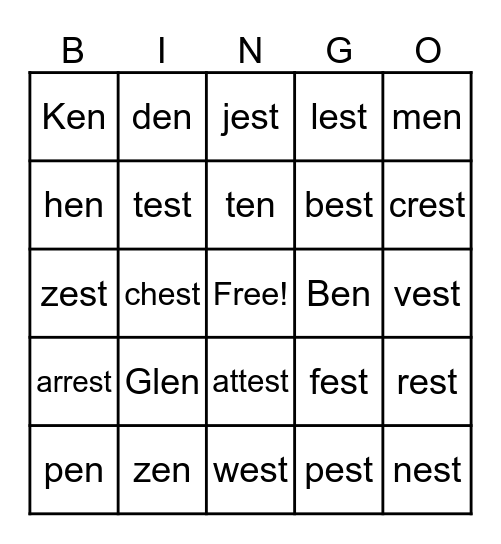 Word families -en, -est Bingo Card