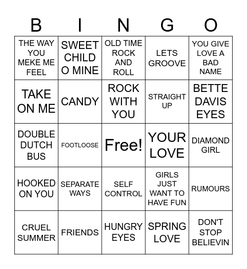 #3- 80S HITS Bingo Card