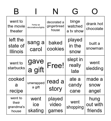 Winter Break Bingo Card