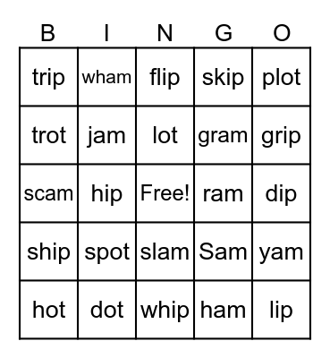 Word Families -ot,--am, -ip Bingo Card