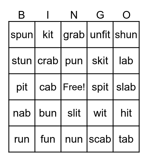 Word Families -un, -it, -ab Bingo Card