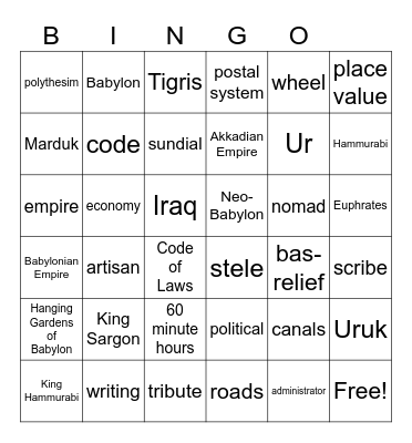 Ancient Mesopotamia Bingo Card