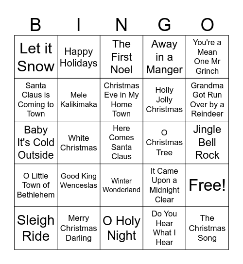 Christmas Carol Bingo Card
