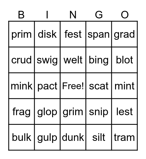 Regular Word recognition 1 Bingo Card