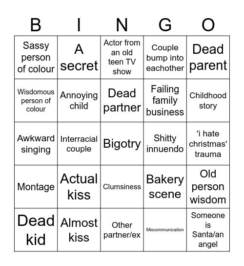 Shitty Christmas movie bingo Card