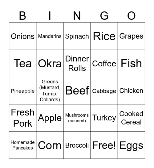 Food I Can Enjoy Bingo Card
