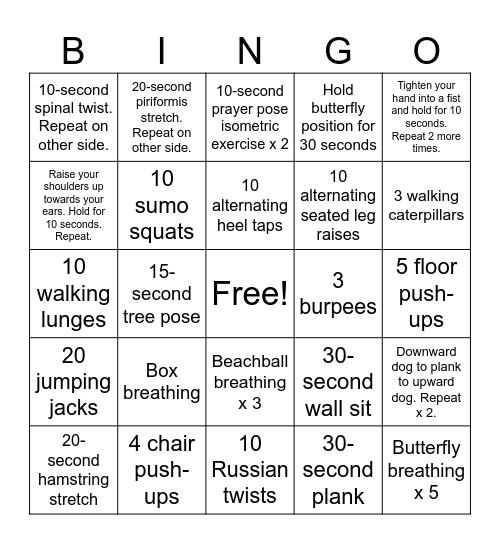 Mindful Movement Bingo Card