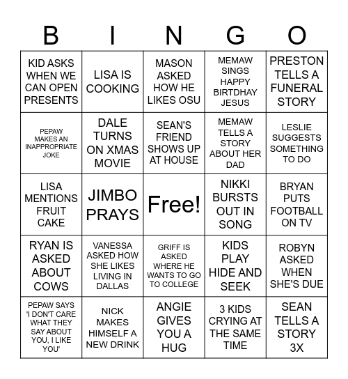 FORCED FAMILY FUN XMAS 2023 Bingo Card