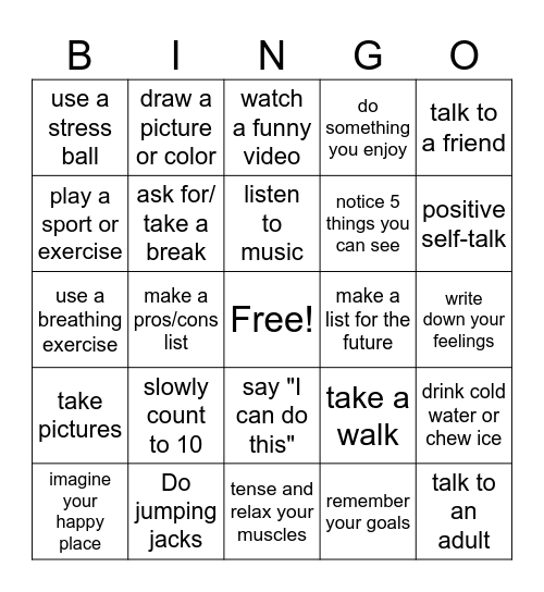 Holiday Coping Skills Bingo Card