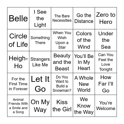 Disney Playlist Bingo Card