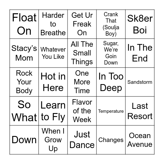 2000s Playlist Bingo Card