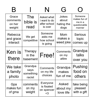 Family Christmas Bingo Card