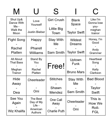 Pop Music Bingo Card
