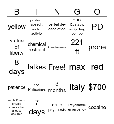 Mental Health Emergency Bingo Card