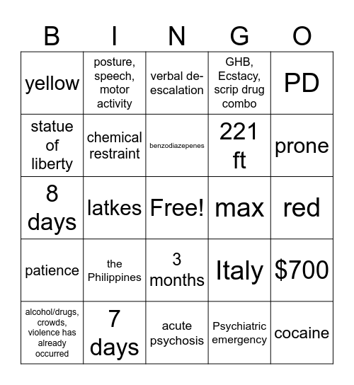 Mental Health Emergency Bingo Card
