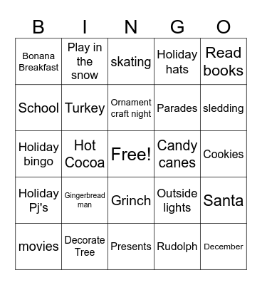 Peirce Holiday Family Bingo Card