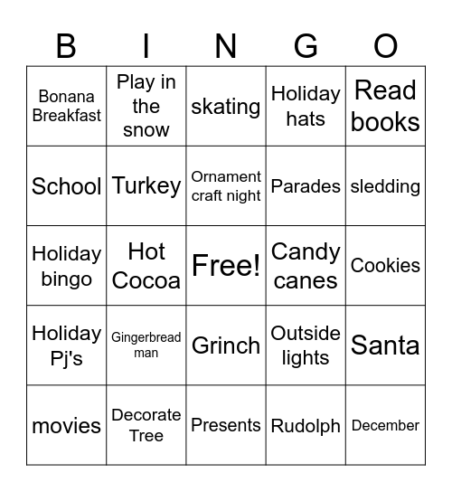Peirce Holiday Family Bingo Card
