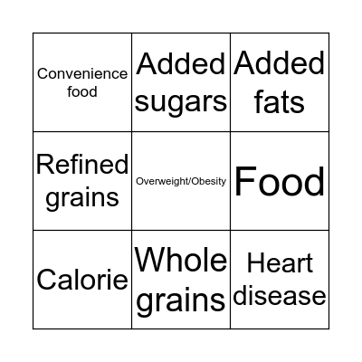 Nutrition Bingo Card