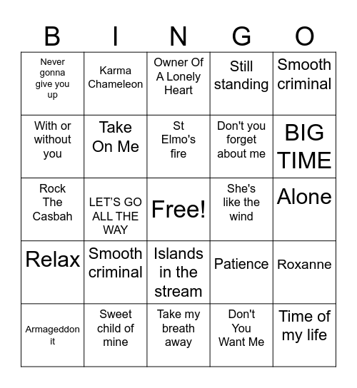 1980's Music 2 Bingo Card