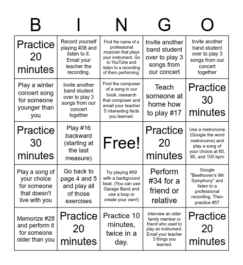 Winter Break Band Bingo Card