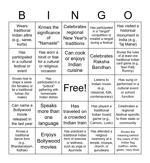 Cultural Connections Bingo Card