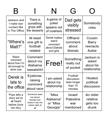 Butler Family Christmas Bingo Card