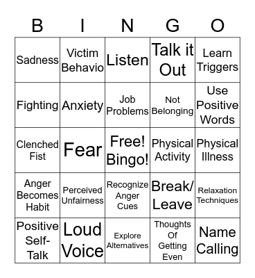 Anger Skills Bingo Card