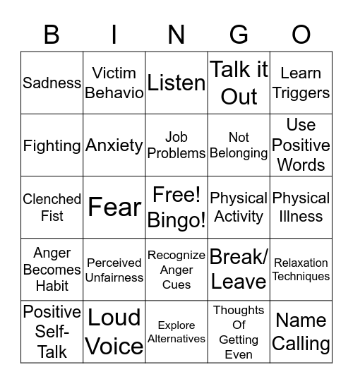 Anger Skills Bingo Card