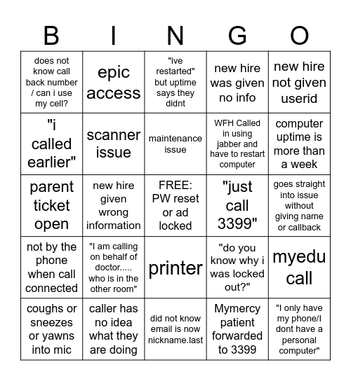 SERVICE CENTER BINGO Card