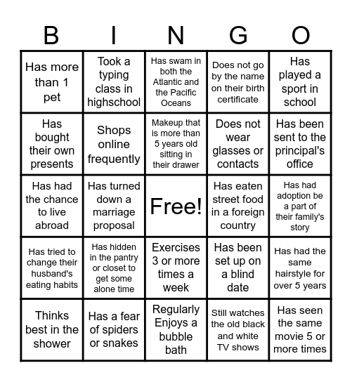 Favorite things night ice breaker Bingo Card