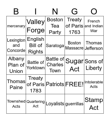 Revolutionary War Bingo Card