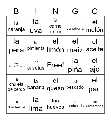 Las frutas y otras comidas Bingo Card