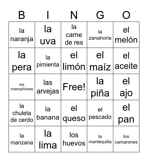 Las frutas y otras comidas Bingo Card