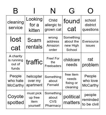 Waltham Facebook Bingo Card